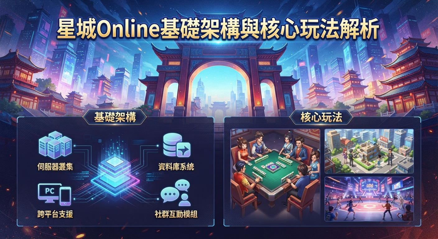 這張圖片以「星城Online基礎架構與核心玩法解析」為標題,結合了賽博朋克風的未來城市與傳統東方宮殿元素。 畫面下方左右兩側分別展示了遊戲的伺服器架構等技術模組以及麻將桌與競技場等核心玩法。