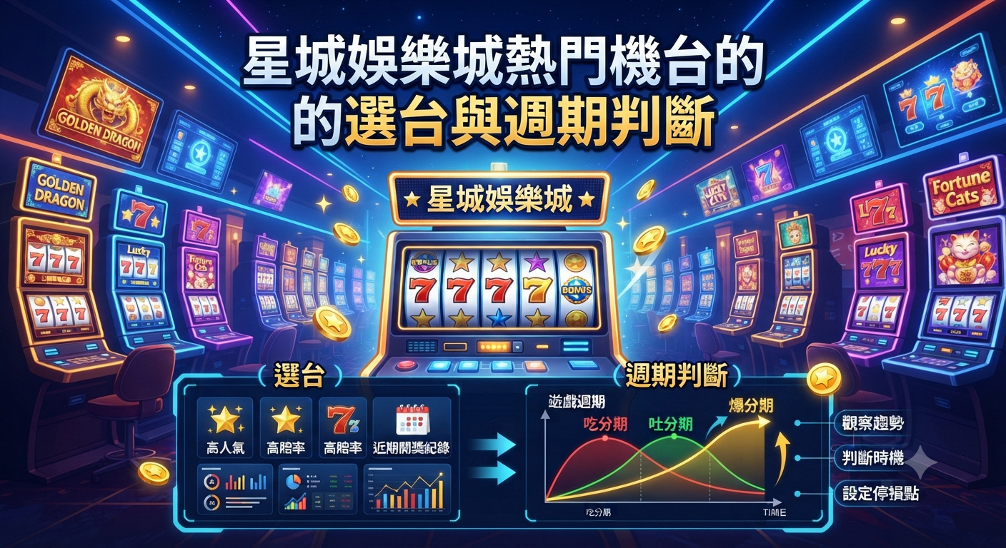 這張圖片以絢麗的星城娛樂城老虎機為背景,上方醒目地顯示著「星城娛樂城熱門機台的選台與週期判斷」標題。 下方則透過圖表與介面清晰展示了機台挑選策略以及吃分期、吐分期與爆分期的週期判斷方法。